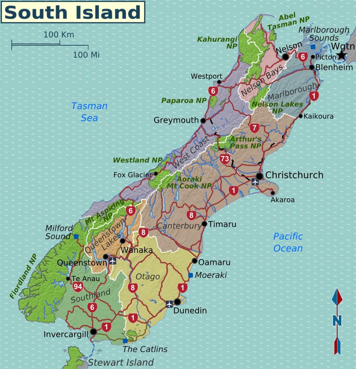 Karte von south island new zealand Regionen