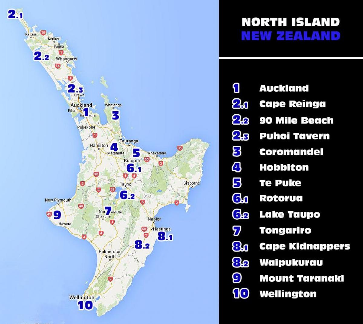 Karte von Neuseeland north island-Attraktionen