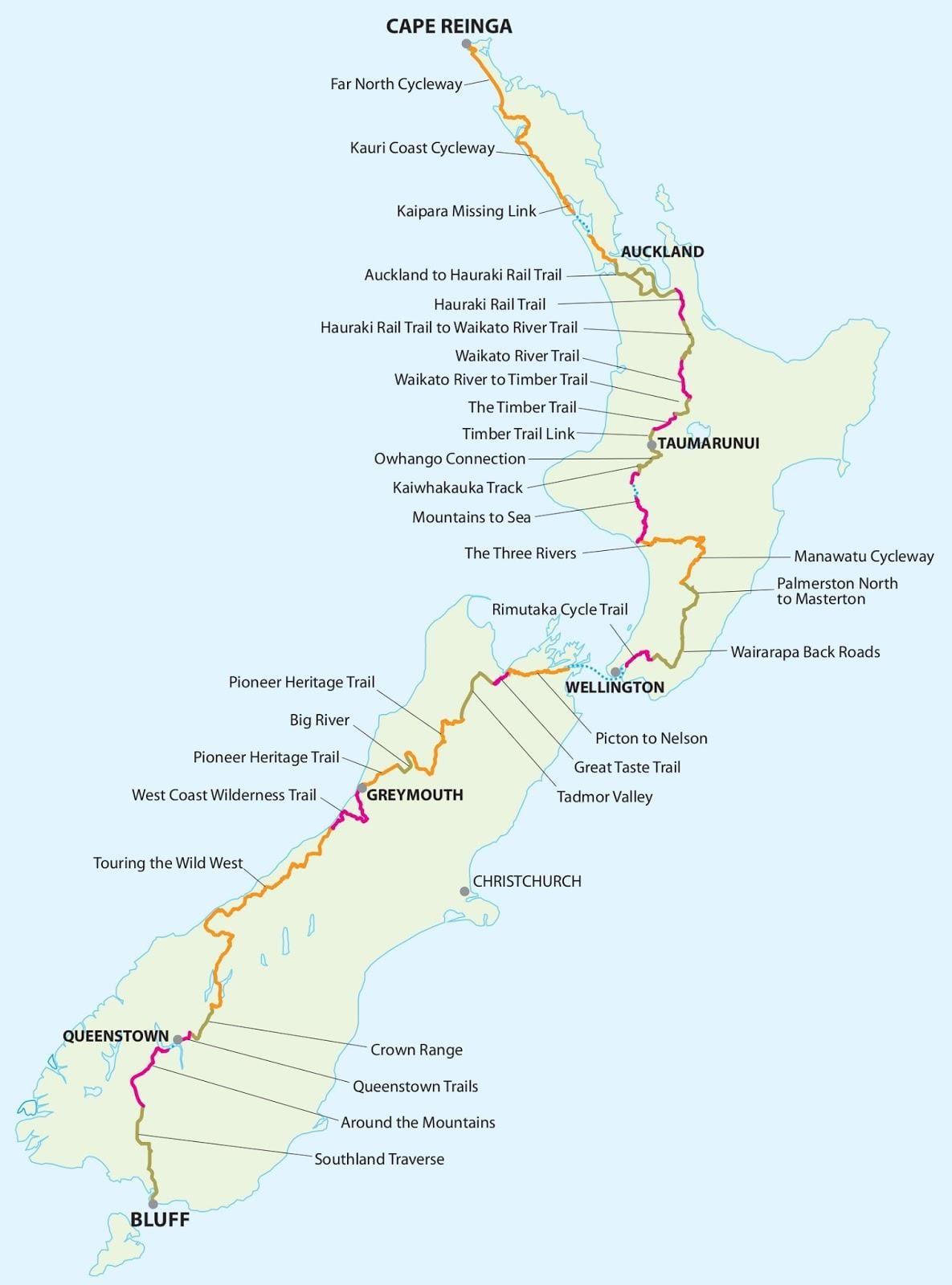 Karte von new zealand cycle trail