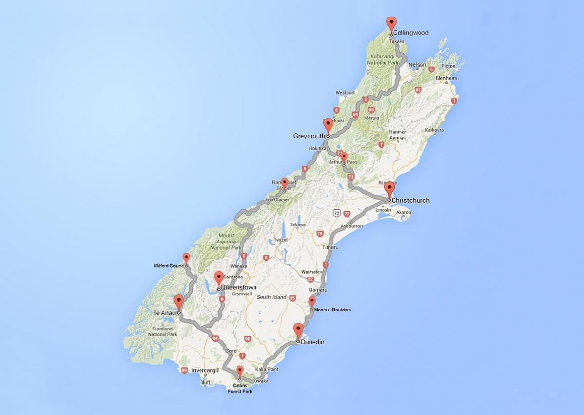 detaillierte Straßenkarte von south island, Neuseeland