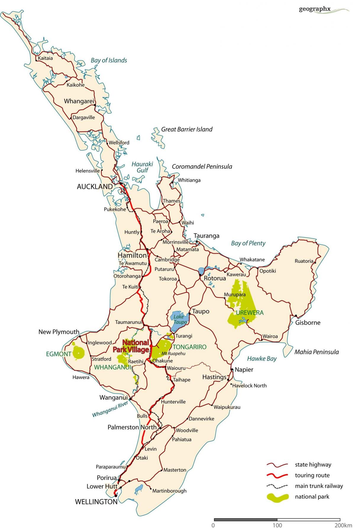 detaillierte road map of new zealand, north island